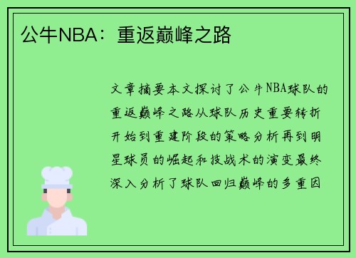 公牛NBA：重返巅峰之路