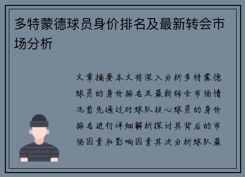 多特蒙德球员身价排名及最新转会市场分析